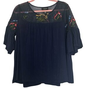 Liz Claiborne Size Large Shirt Navy Floral Embroidered Bell Sleeve Rayon Sheer